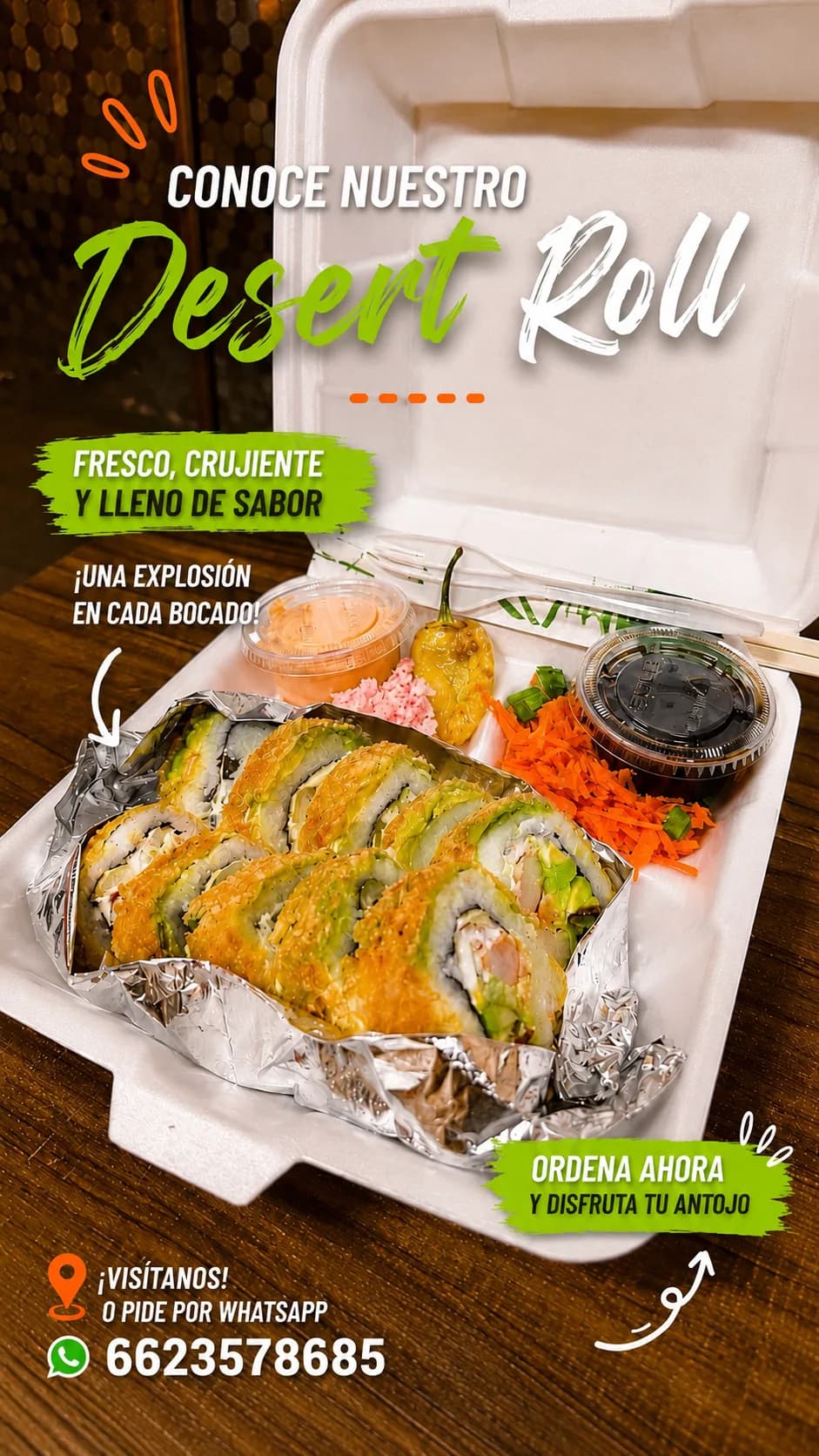 Desert Roll empanizado en charola térmica con aguacate y toreado