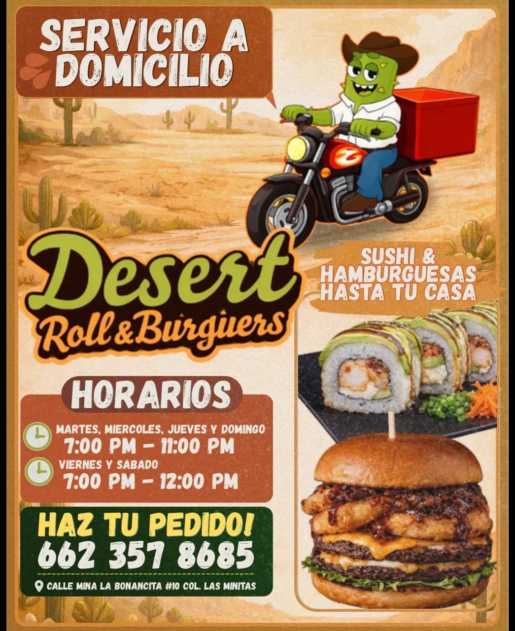 Mascota Nopal Vaquero en motocicleta de reparto a domicilio